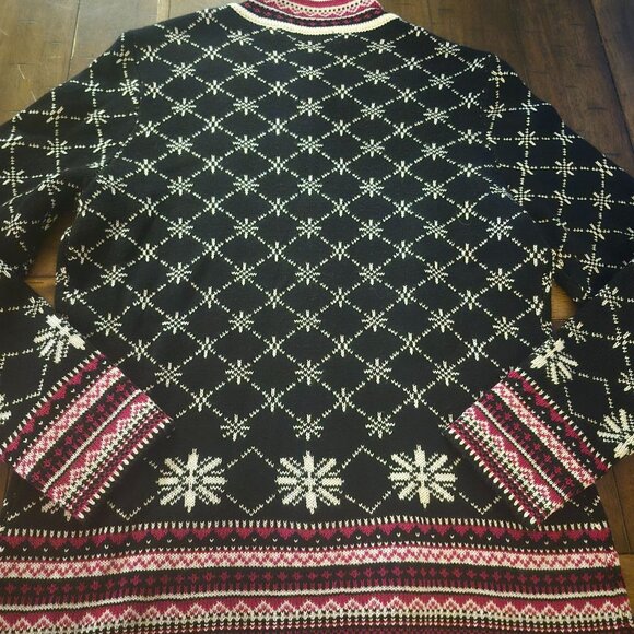 Appleseeds Nordic Snowflake Zip-Up Sweater Black Pink Knit Winter Cardigan - Picture 2 of 5
